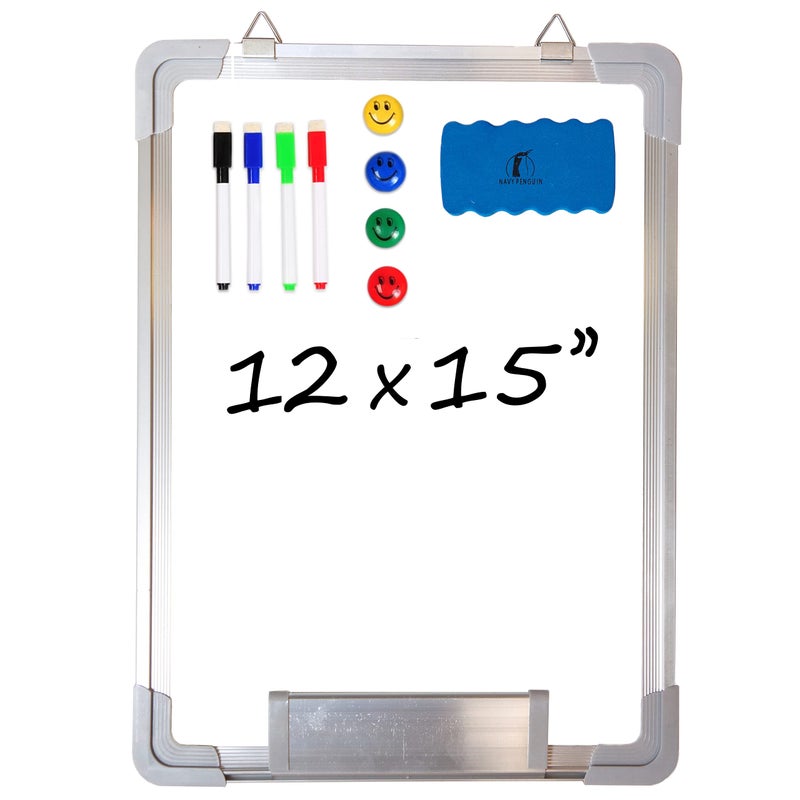 Navy Penguin Whiteboard Set - 12 x 15 in Dry Erase Board with 1 Magnetic Dry Eraser, 4 Dry Wipe Markers and 4 Magnets - Small White Board Wall Hanging Marker Board for Home and Office (12x15) - Image 1